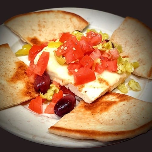 Baked Feta Saganaki Cheese.